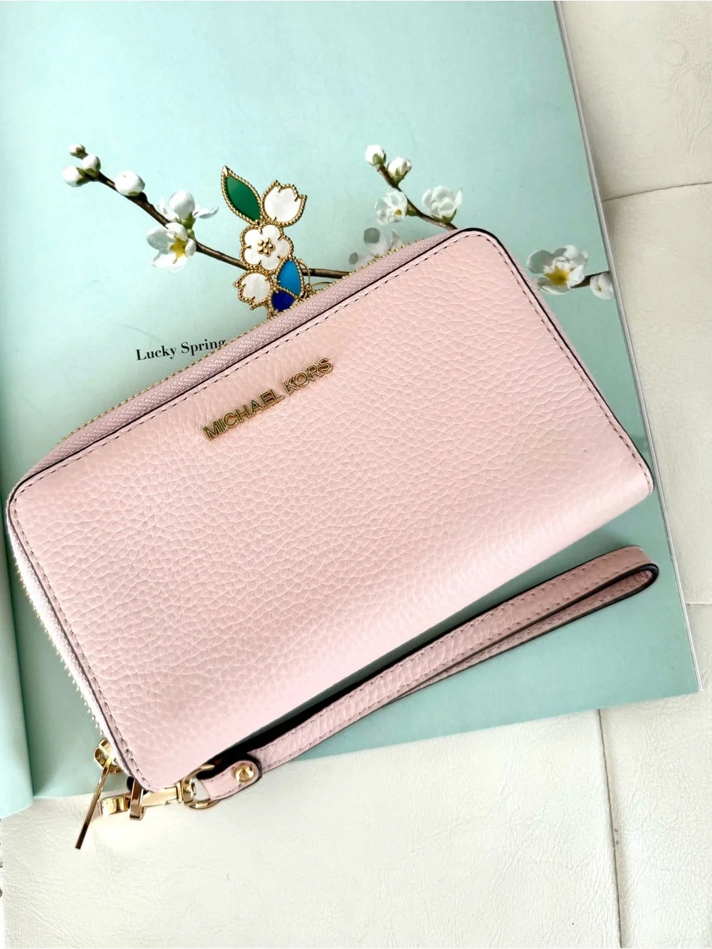 Michael Kors Light Pink Pebbled Leather Zip Wristlet Wallet with Gold Hardware